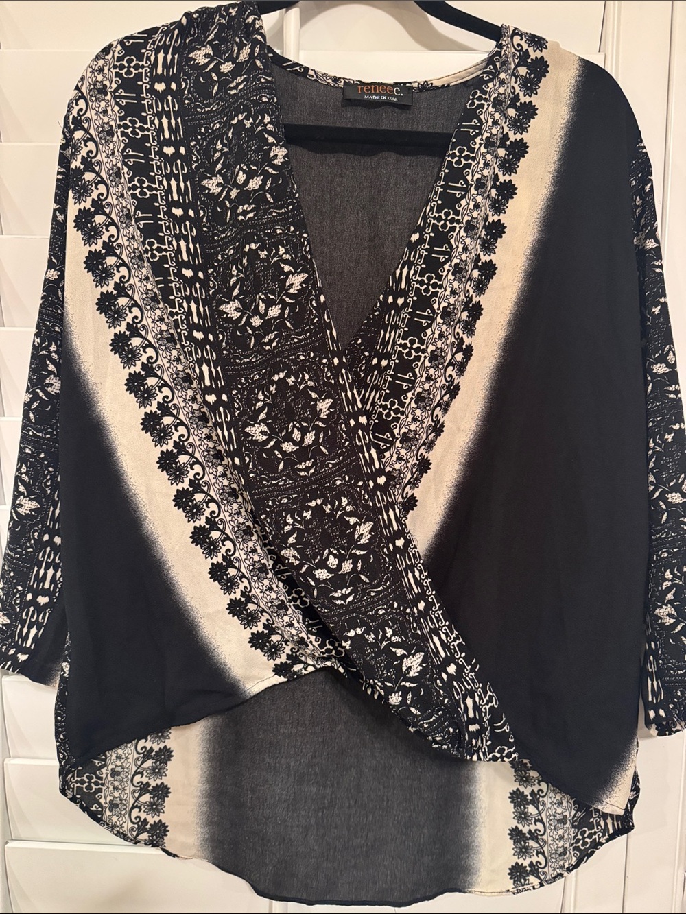 Renee C. Black and Cream Floral Border Wrap Blouse